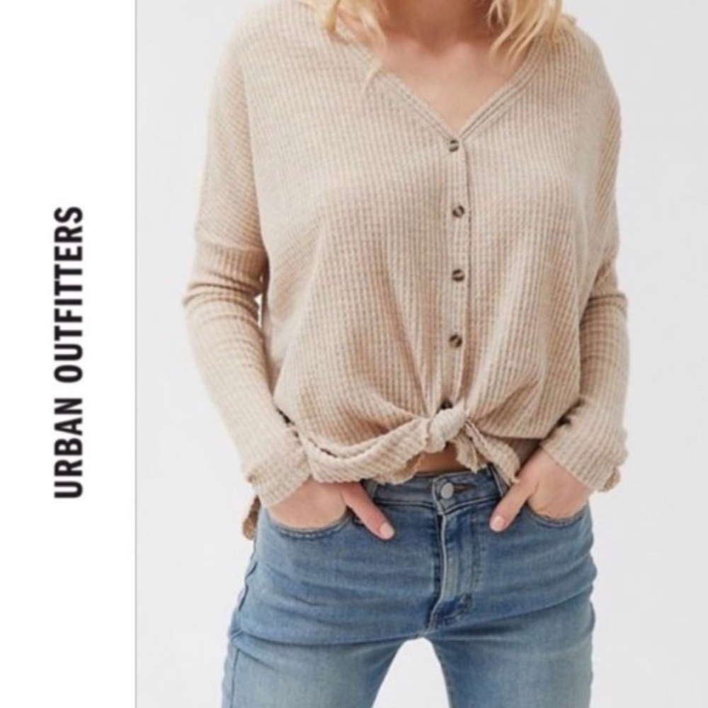 Urban Outfitters Toasty Beige Thermal Knit Button-Up Oversized Top Small